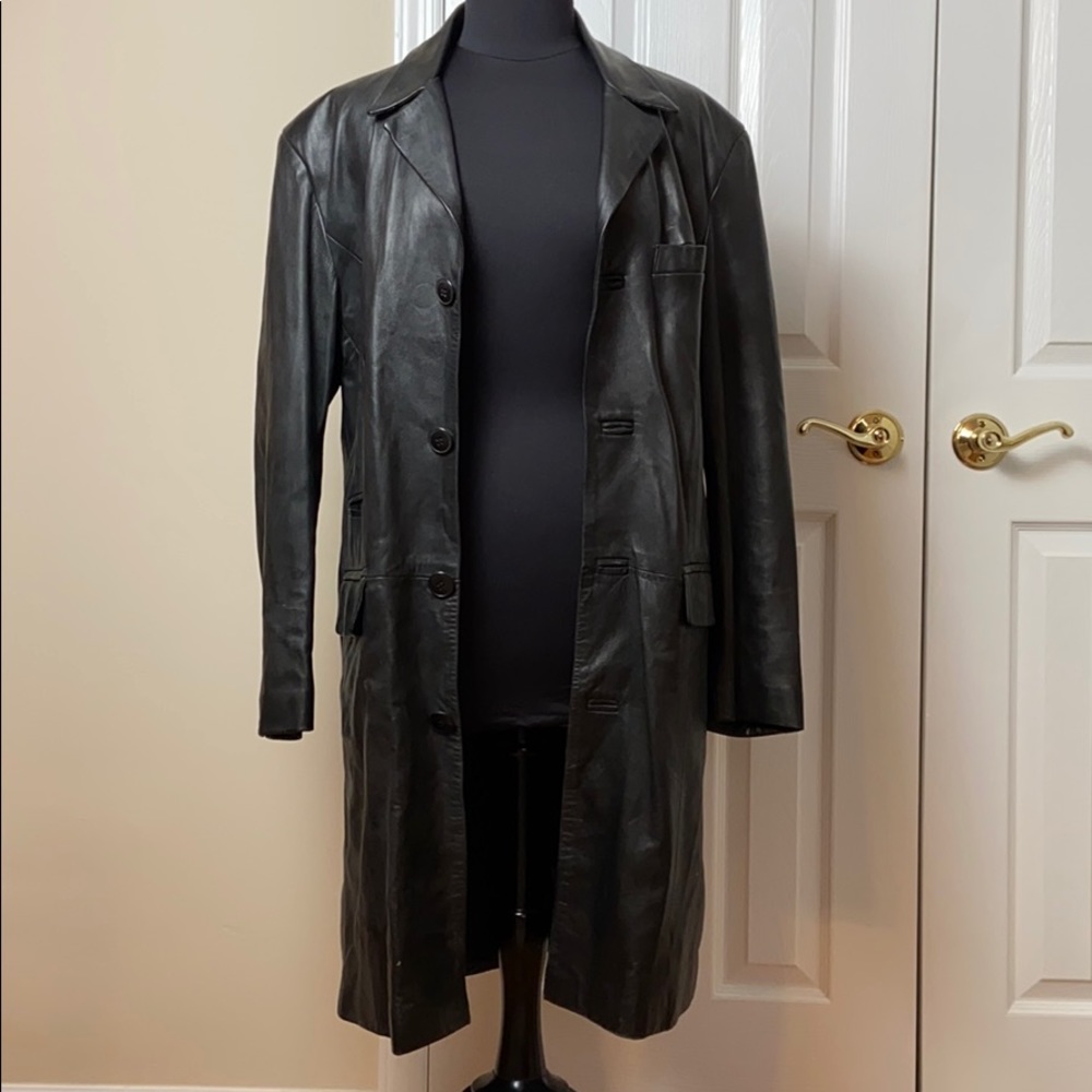 Genuine black leather trench coat.